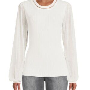Elie Tahari Skywhite ribbed sweater with sheer sleeves, size XS.